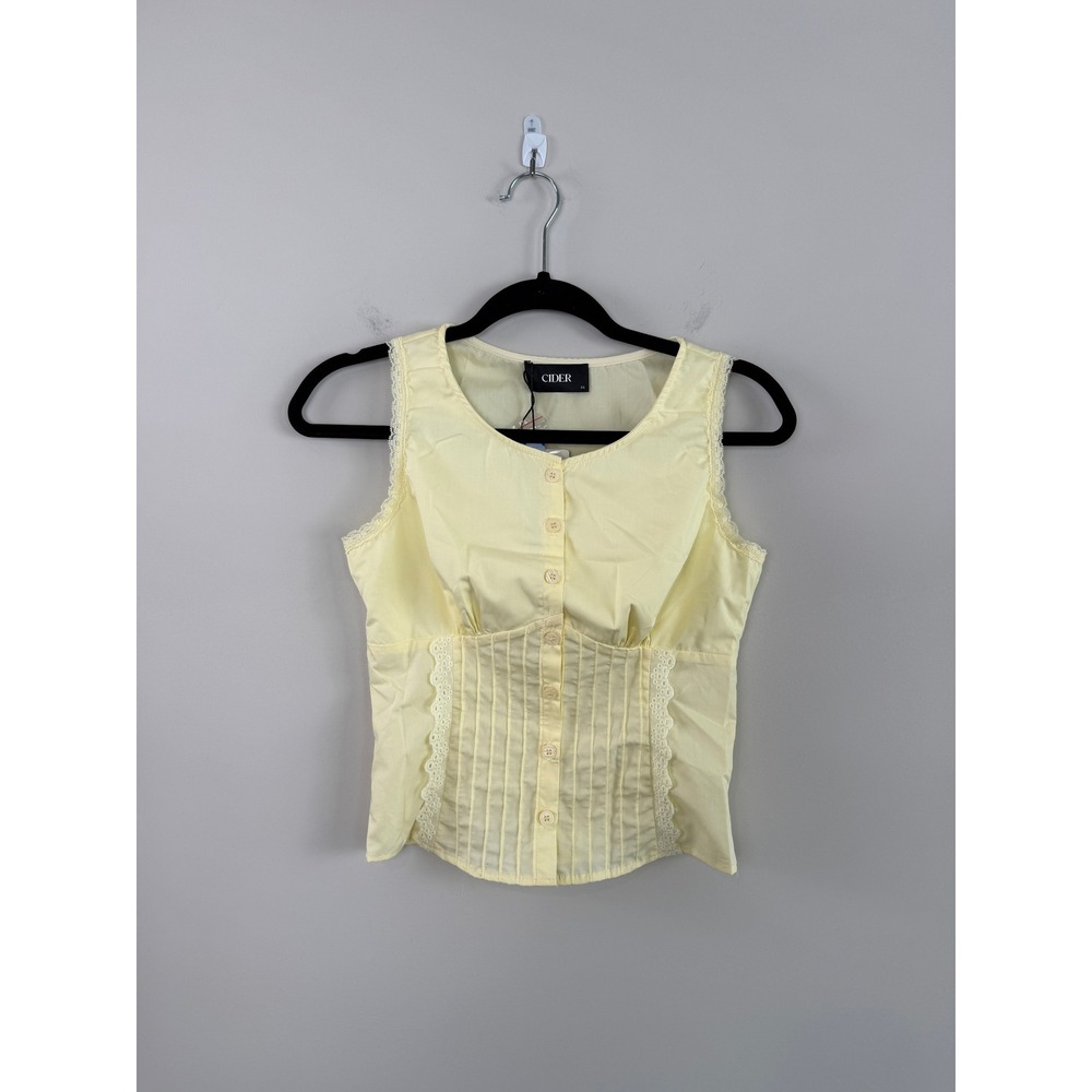 Cider Tank Top Butter Yellow XS Lace Trim Corset Waist Button Front Cottagecore